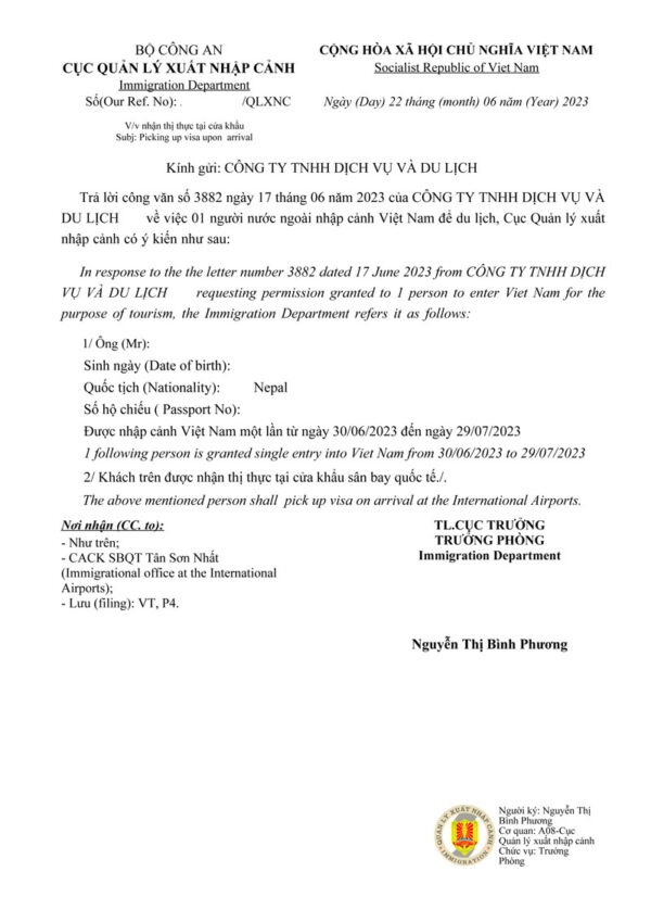 Mẫu công văn nhập cảnh Việt Nam (visa approval letter)